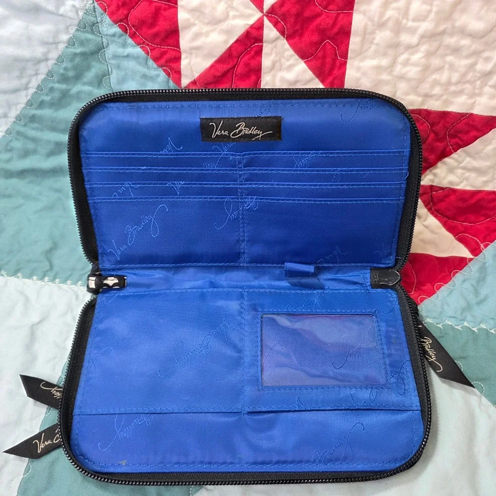 Vera Bradley Blue Bayou Zip Around Wallet Quilted Cotton Black‎ Blue White
